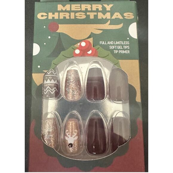 Christmas Press On Nails Reindeer Glitter Gold Maroon Coffin Shape Fake Nails - Picture 1 of 4